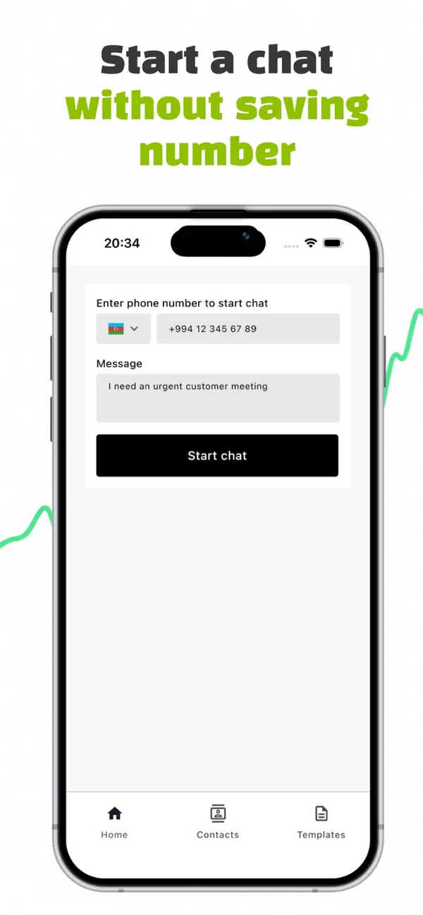 TapChat app preview showing a phone number, optional message, and Start chat button